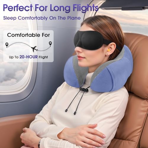 Image of CloudBliss Travel Pillow for Airplanes, Memory Foam Neck Pillow Set, Blue