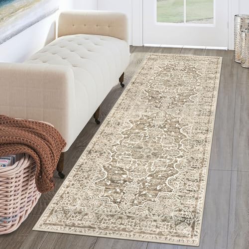 KUTA Runners for Hallways 2x6 Beige Brown, Vintage Floral Kitchen Rugs Non-Slip Washable Runner Ultra Soft Printed Retro Distressed Entryway Carpet for Bedroom Laundry Nursery