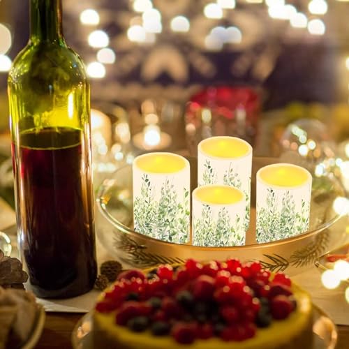 Image of Flameless Light Candles 4 Pack Battery Operated with Color Changing Timer Remote Control Fake Pillar Candles Tealights Beach Wedding Home Indoor Decor, Leaf Green White