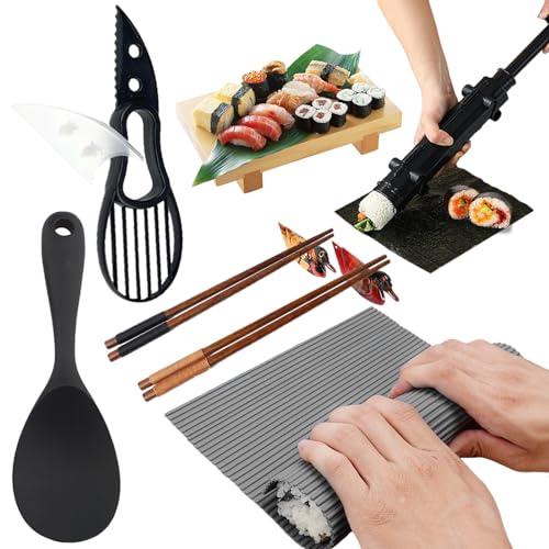 LURNODY Kit para Hacer Sushi, Set de Iniciación de Sushi de 8 Piezas con Esterilla Sushi, Bazooka, Cuchillo,2*Palillos, 2*Soportes, Cuchara, Perfecto para Principiantes