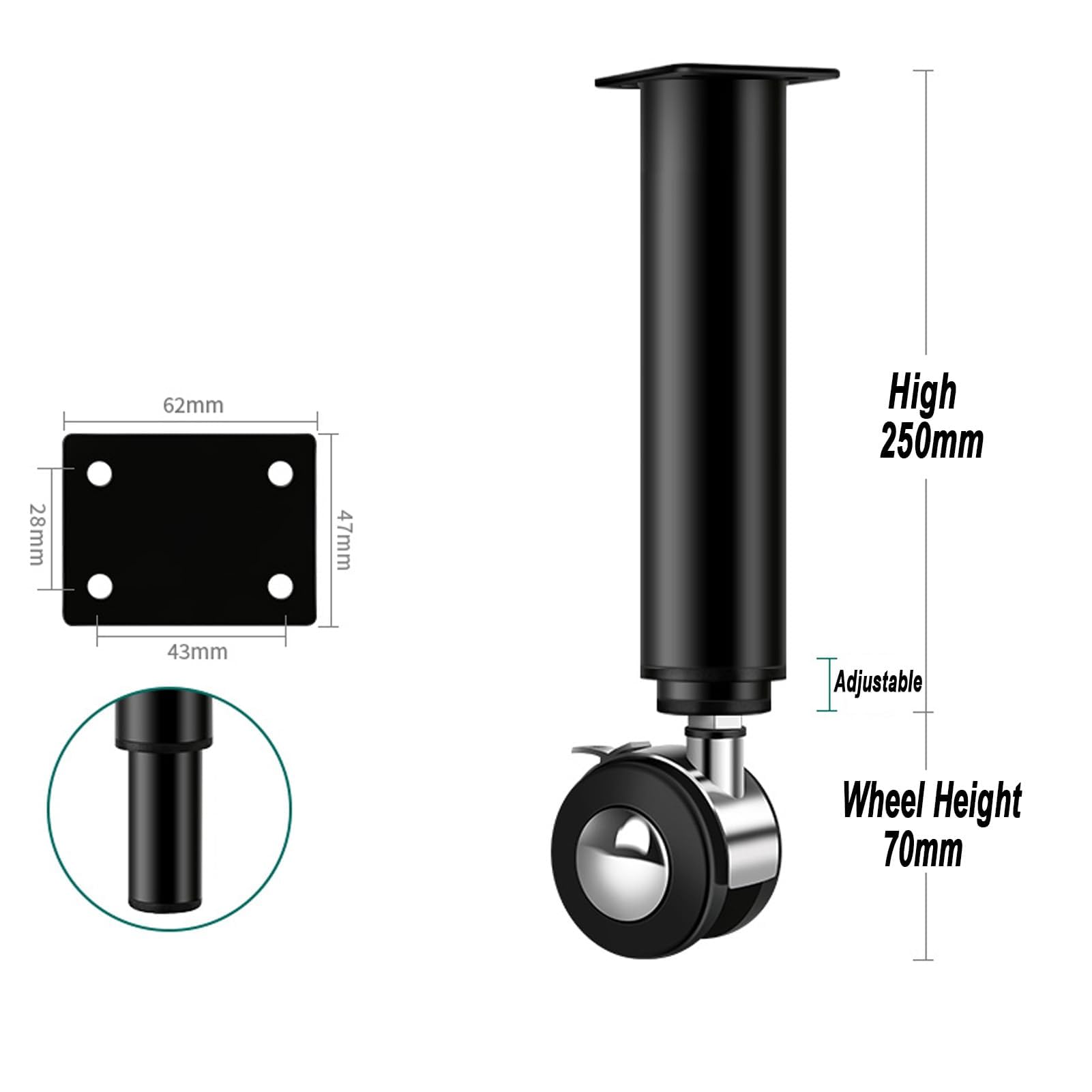 4 Stück verstellbare Schrankfüße, Möbelrollen, Universalrollen, Metall-Schrankbeine, Ersatz-Tischbeine, perfekt für Schränke, TV-Schränke, Nachttische (25-42 cm)
