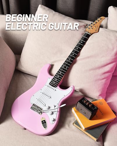 Image of Leo Jaymz Beginner Electric Guitar 39 inch Kit with Portable Amplifier, Padded Gig Bag, Digital Tuner，Capo，Strap，Picks，Classic SSS Pickups (Pink)