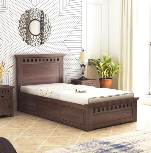 Image of Ganpati Arts Sheesham Wood Armania Single Size Bed with Box Storage for Bedroom | Wooden Single Bed Palang for Home (Walnut Finish) 1 Year Warranty