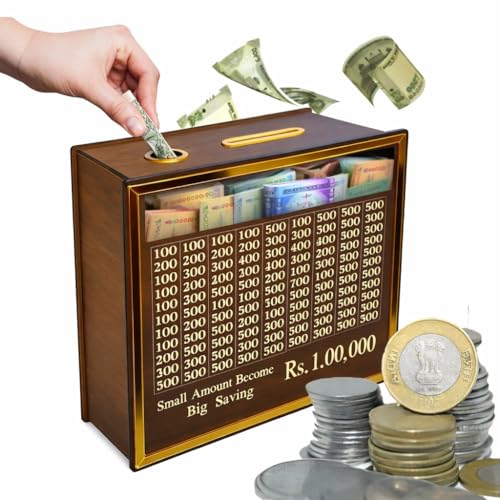 Image of Bonsenkitchen Money Saving Box for Kids and Adults | Wooden Money Bank with Lock | 1 Lakh Saving Box with Numbers | Undiyal Hundi Pig Bank (Medium 100,0000)