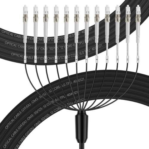 FLYPROFiber OM3 LC to LC 12 Strands Outdoor Armored Fiber Patch Cable, Multimode Industrial TPU, Direct Burial 12 Fibers Fiber Optic Cable, 10Gb 50/125um MMF LC-LC 12 Core, OD-5mm, 30m/98ft