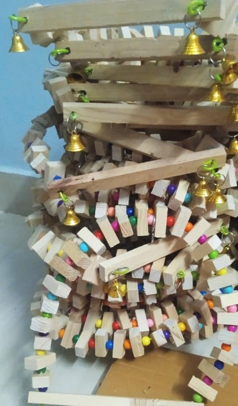 Image of Raindrops Wooden Swing with Colourful Beads for Bird Cages|Birds Stress Free Items|Cage Accessories|Wooden Ladder|Swing with Dotted Perch|Birds Chew Toy|Training aid Toy (Height 25.5cm-Pack of 2)