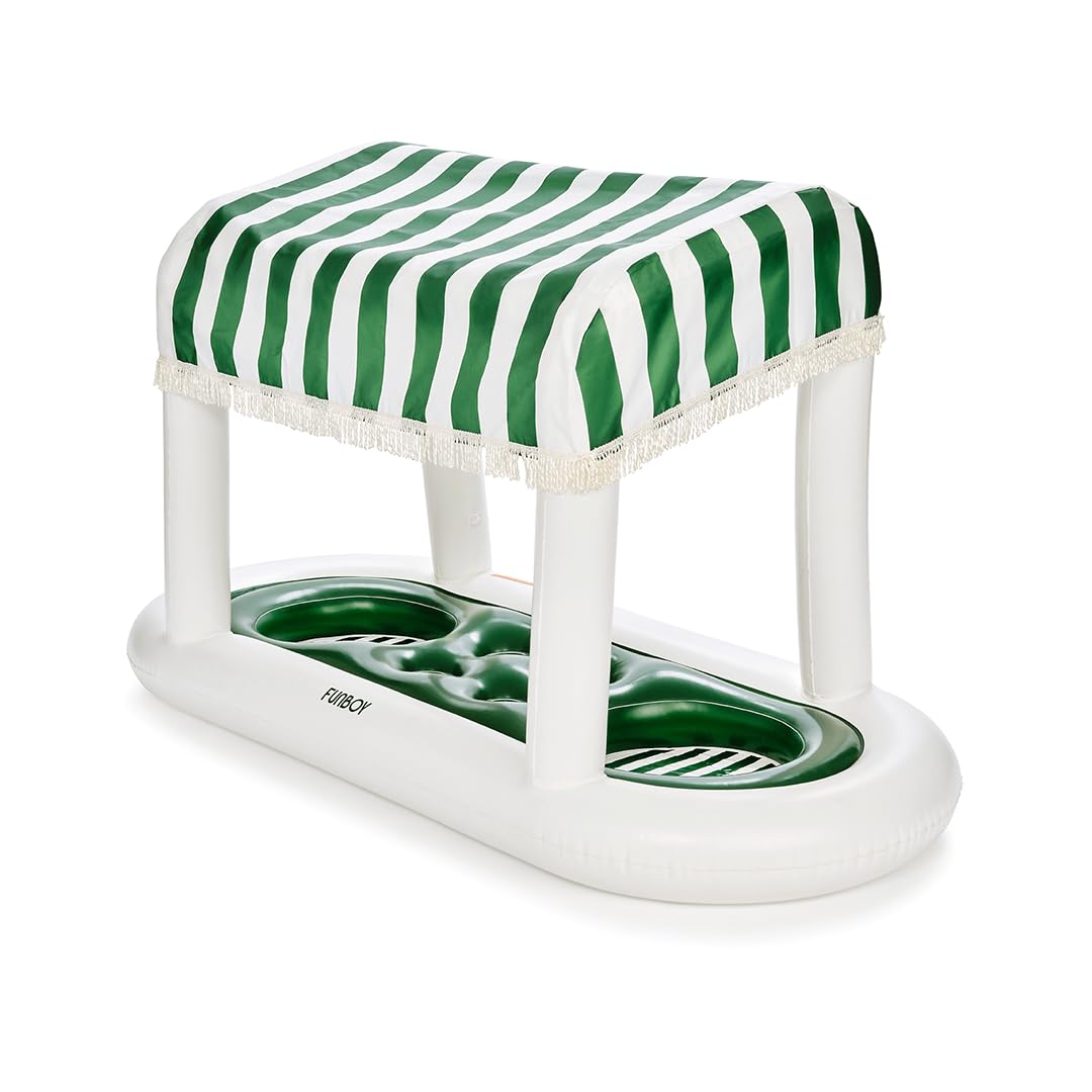 FUNBOY Giant Floating Green Cabana Stripe Drink Station, Removable Fabric Shade with Fringe, Perfect for Parties, Table-top Decorations and in-Pool Refreshments.