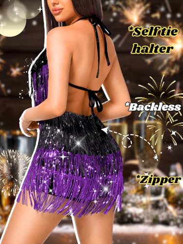 Image of Kaei&Shi Sequin Fringe Romper,Sparkly Glitter Metallic Jumpsuits For Women,Backless Shorts Dress Disco Birthday Dance Outfit