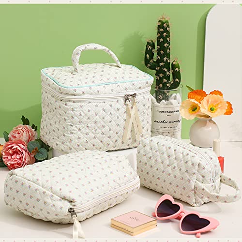 Paterr 3 Pieces Cotton Quilted Makeup Bag Set Coquette Cosmetic Bag Aesthetic Travel Toiletry Bags Cute Pouch Kawaii Aesthetic For Women (Classic Style) #TOP1