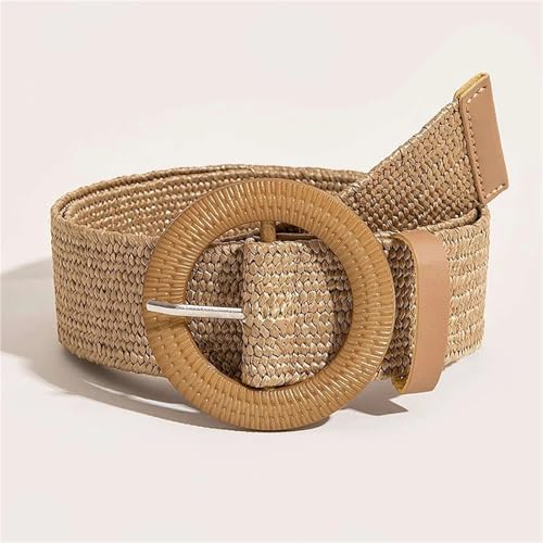 Straw Boho Belt Women Round Buckle Straw Belt for Beach Ellipse Buckle Bead Decor(107cm,Khaki)4