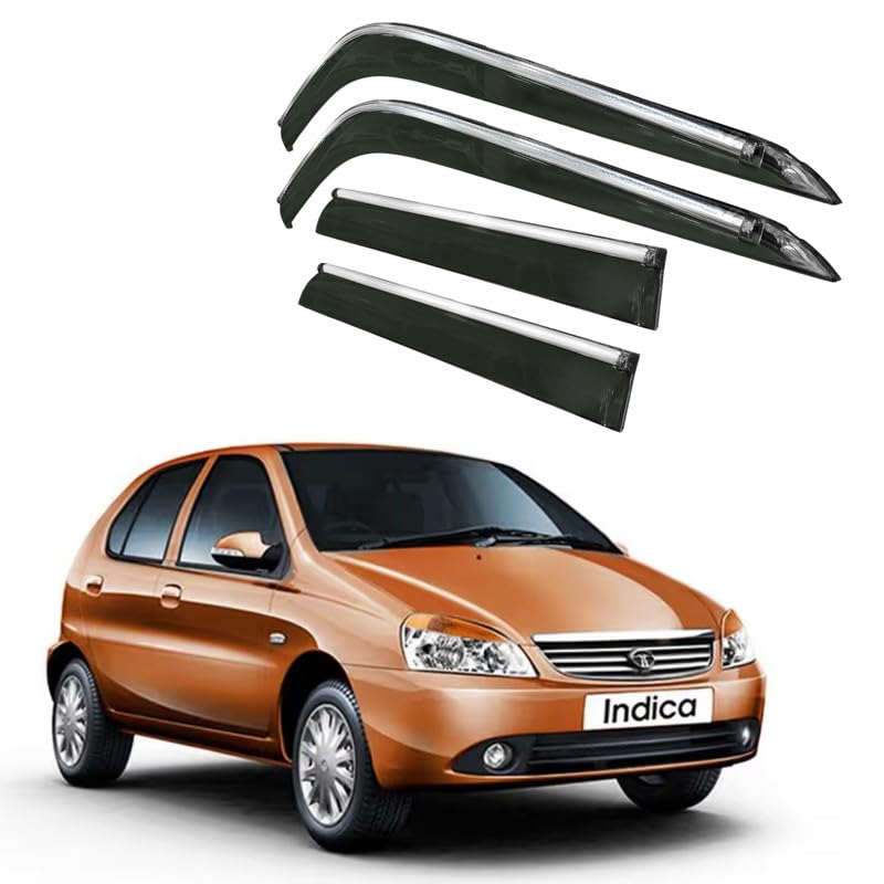 Image of CAR SAAZ Side Door Visors for Indica (Set of 4Pcs)|Chrome Lined Rain Guards, Polycarbonate, Smoke Finish