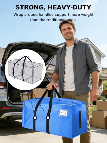 Image of 80 Pack Large Strong Moving Bags with Zippers & Carrying Handles - Water-Resistant - Heavy Duty Storage Tote for Space Saving, Fold Flat, Alternative to Moving Box (Sky Blue)