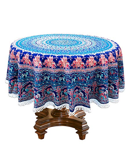 Image of RHF Dining Round Tablecloth 100% Cotton Multicolor Floral Bird Printed 4-6 Seater Round Table Cover with White Fringed Lace Border 75 inch (Blue)