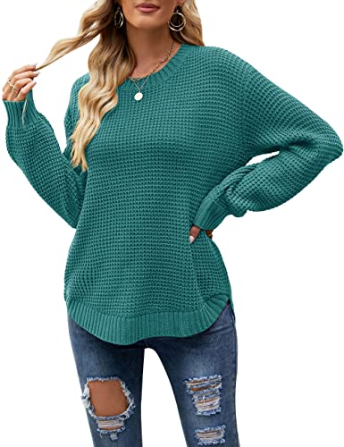 Image of MEROKEETY Women's Fall Long Sleeve Waffle Knit Oversized Sweater | Fall Fashion, Crew Neck, Tunic, Dressy Casual, Trendy, Cute, Pullover Tops, Long Lantern Sleeves, Loose Fit, Drop Shoulder