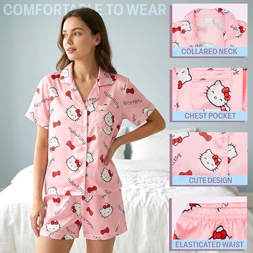Image of Get Trend Hello Kitty | Kuromi | Pusheen Women's Pajama Sets, 2 Piece Button Up Shirt & PJ Shorts, Soft Kawaii Lounge Sets
