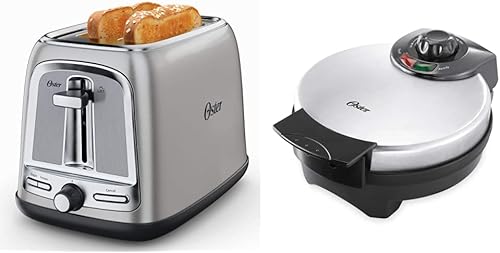 Oster Tostadora de 2 rebanadas con tecnología avanzada de tostadas acero inoxidable y waflera belga hace gofres de 8 pulgadas acero inoxidable