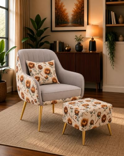 Image of Floral Accent Chair with Ottoman | Premium Velvet Upholstered Armchair with Golden Metal Legs | Modern Lounge Chair for Living Room, Bedroom & Reading Corner | Designer Chair 1pc