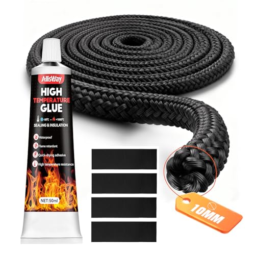 Allisway Joint Porte Poele a Bois, 2,5m Joint Insert Cheminée, Colle Joint Poele a Bois, Contient 50 ml Colle Haute Temperature, Convient aux Poêles à Bois...