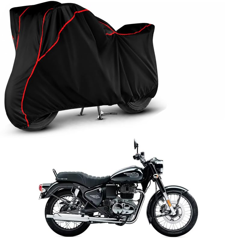 Image of AutoRox Water Resistant Bike Body Cover Compatible with Royal Enfield Bullet 350 BS6 | Bike Accessories | Motorcycle Cover | Two Wheeler Cover - Red Piping(Black)