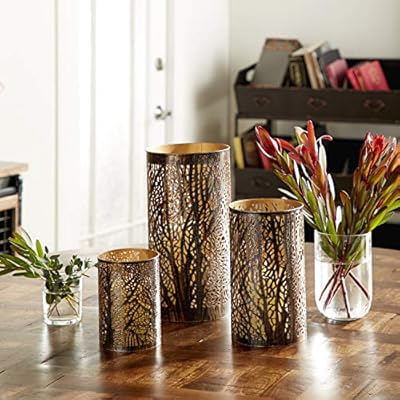 Deco 79 Metal Hurricane Home Decor, 12 x 9 x 5", Bronze Brass with Black (Set of 3)