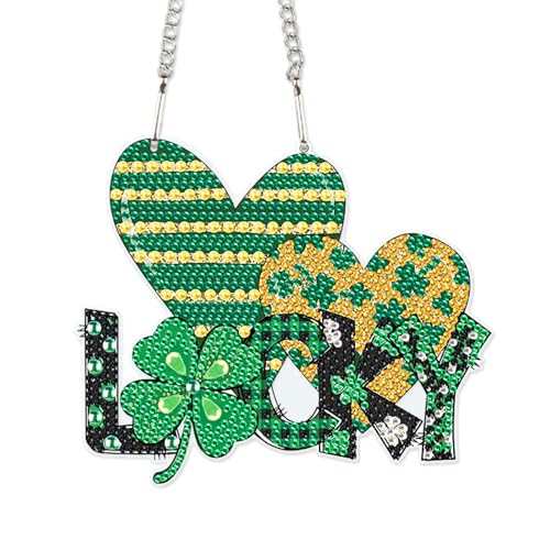 Image of DIY Diamond Painting Hanging Ornament - St. Patrick's Day Lucky Sign with Shamrock and Hearts, 5D Green Rhinestone Craft for Wall Door Festival Decor