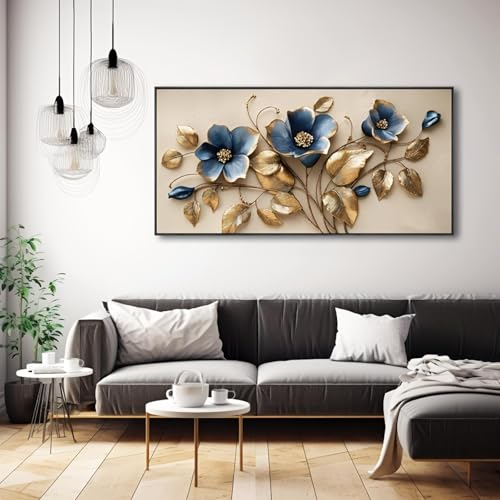 Tableau métal 3D relief abstrait or et bleu grand format de qualité premium
