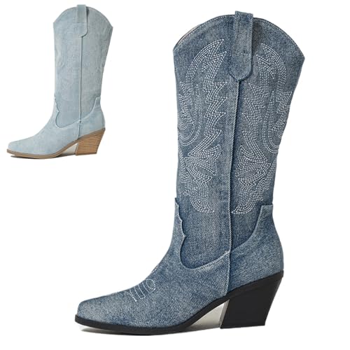 Women's Cloth Stacked Chunky Heel Western Cowgirl Knee-high Boots Retro Denim Rhinestones Embroidered Pointed Toe Pull on Block Heel Dress Mid Calf Boots for Party Dating