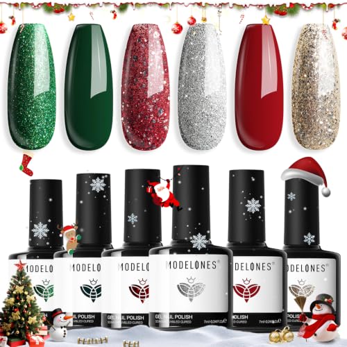 modelones Christmas Glitter Gel Nail Polish, 6 Pcs Red Green Gold Silver