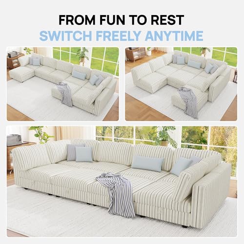 Image of 128 inch Cotton Linen Modular Sectional Sofa Bed with Hidden Storage, 8 Seat Convertible L U Shaped Sleeper Couch with Ottoman Chaise, Farmhouse Modular Sectional Couch with Removable Cover for LivingRoom