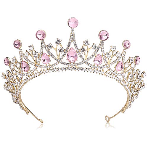 Coucoland Vintage Crystal Rhinestone Bridal Wedding Queen Crown Tiara (Gold and Pink)