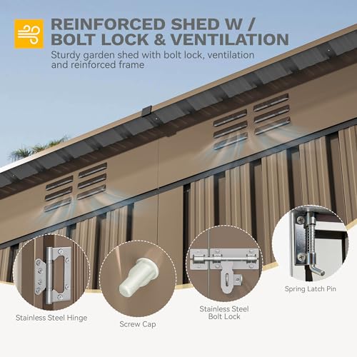 Image of DWVO 9 x 4' Outdoor Storage Shed, Large Metal Tool Sheds, Heavy Duty Storage House with Lockable Doors & Air Vent for Backyard Patio Lawn to Store Bikes, Tools, Lawnmowers, Brown
