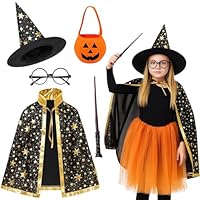 KAZGVN Wizard Costume, Halloween Costumes for Kids, 5-Piece Wizard Outfit with Cloak, Hat, Wand, Glasses and Pumpkin Bag, Wizard Costume Kids for Halloween Party Role Play Birthday Carnival