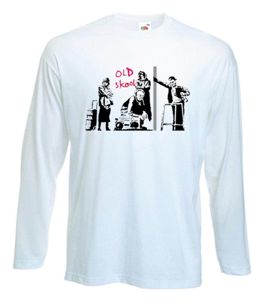 Tribal T-Shirts Mens Banksy Old Skool Long Sleeve T-Shirt (Medium, White)