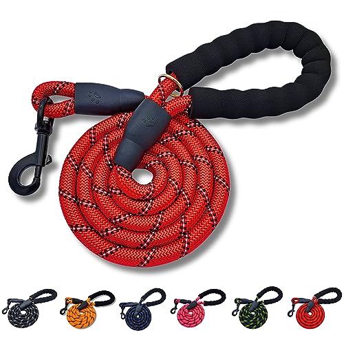 DogCatz Strong Rope Dog Lead, Medium Large Dogs, Soft Padded Handle, Highly Reflective, Heavy Duty 5 Foot Leads (Red)
