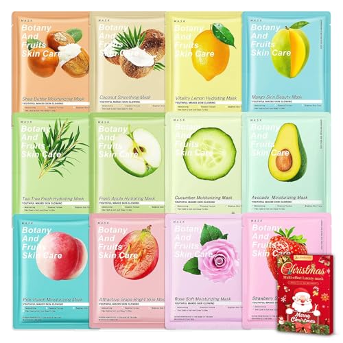 12 pcs Daily Care Face Sheet Mask Hydrate Moisturize Soothe masks beauty face mask set Hydrating & Soothing Face Mask for a lot of Skin Type Multipack Sheet Masks Moisturizing Repairing-Xmas/Daily Box