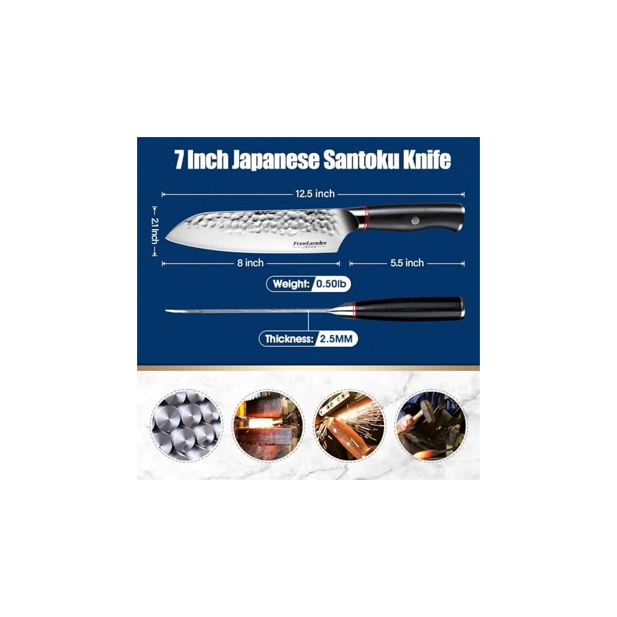Freelander 7 Inch Chef Knife, Sharp Japanese Santoku Knife, High Carbon Stainless Steel Kitchen Knife, Professional Cooking Knife for Home and Kitchen with Ergonomic Handle - Gift Box Included
