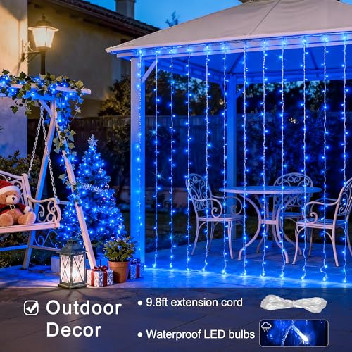 Image of JMEXSUSS 300LED Blue Curtain Lights, 9.8x9.8ft String Lights Indoor Outdoor