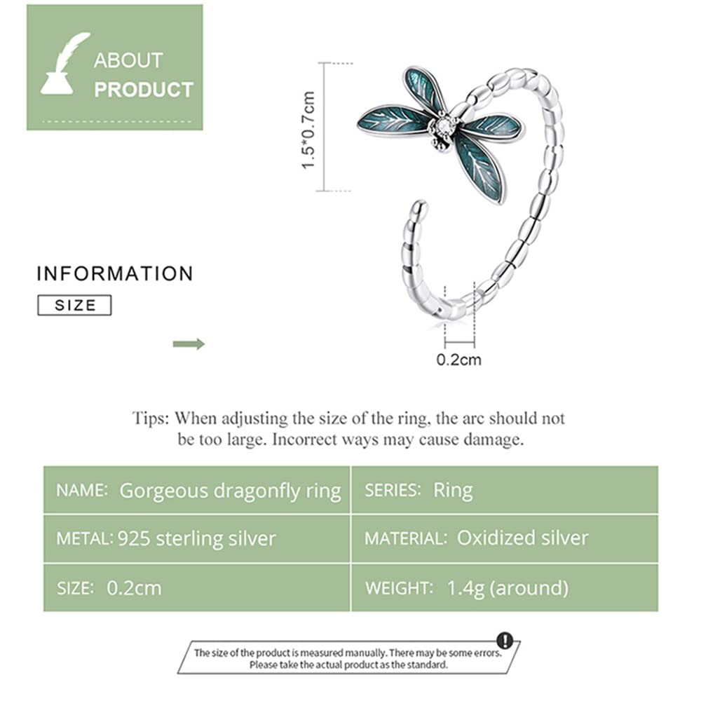NewL Anillo ajustable de libélula de plata de ley 925, anillo abierto de animales, bonito anillo de libélula para mujeres, adolescentes y niñas, Plata de ley