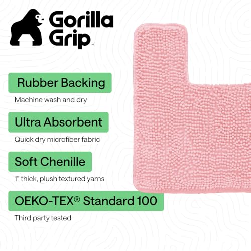 Image of GORILLA GRIP Plush Absorbent Shaggy Chenille Bath Rug Mat for Square Toilet Base with Rubber Backing, Machine Washable Rugs, Soft Microfiber Contour Mats for Toilets, Bathroom Decor, Lt Pink