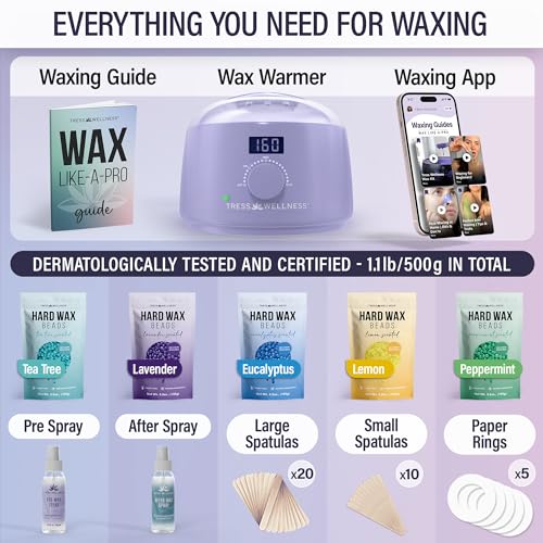 Image of Tress Wellness Award Winning Waxing Kit for Sensitive Skin - Safe for Face & Skin, Easy to Use - At-Home Kit for Face, Bikini, Brazilian & Full Body - Digital Display, Purple