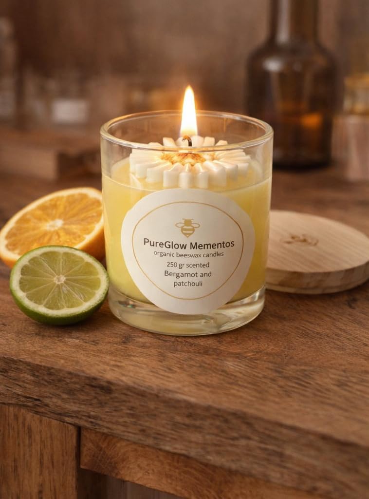 Pureglow Mementos Violet/Yellow Organic Beeswax Candle 250G – Handmade Natural Candle In Glass Jar With Wooden Lid – Clean Burning Home Fragrance (Bergamot And Patchouli)