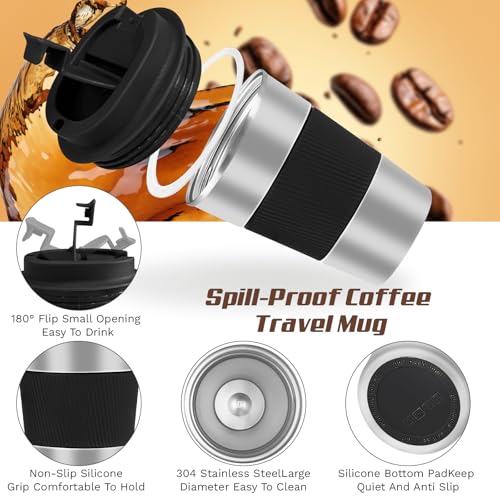 Image of Vacuum Insulated Stainless Steel Travel Coffee Mug,Leak Proof Cup with Lid | 304 stainless steel mug with vacuum insulation, leak proof lid, silicone grip and car cup holder friendly design