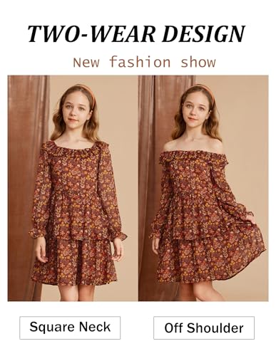 GRACE KARIN Girls Fall Dress Floral Long Sleeve Ruffle Square Neck Elastic Waist Tiered Layer Casual Dresses Size 5-12Y2