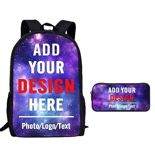 Custom Backpack and Pencil Case Set, Personalized Lightweight Backpack with Pencil Bag Add Your Image Photo Text, Customized 17Inch Backpack and Pencil Pouch For Women Men Girls Boys