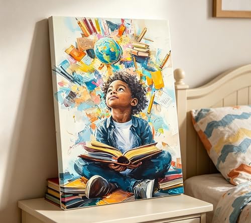 Image of Black Boy Reading Canvas Wall Art Inspirational Books For African American Boys Painting Picture Wall Decor African Boy Poster Print Artwork for Teenagers' Living Room Study Home Decoration 12x16in