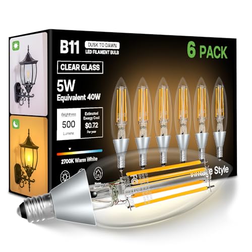 Eastiya Dusk to Dawn Outdoor LED Light Bulb 5W Equivalent 40W Candelabra B11 Light Bulb 2700K Soft White Edison LED Bulbs E12 Base Lighting Sensor Auto On/Off for Porch Patio Garage 6 Pack