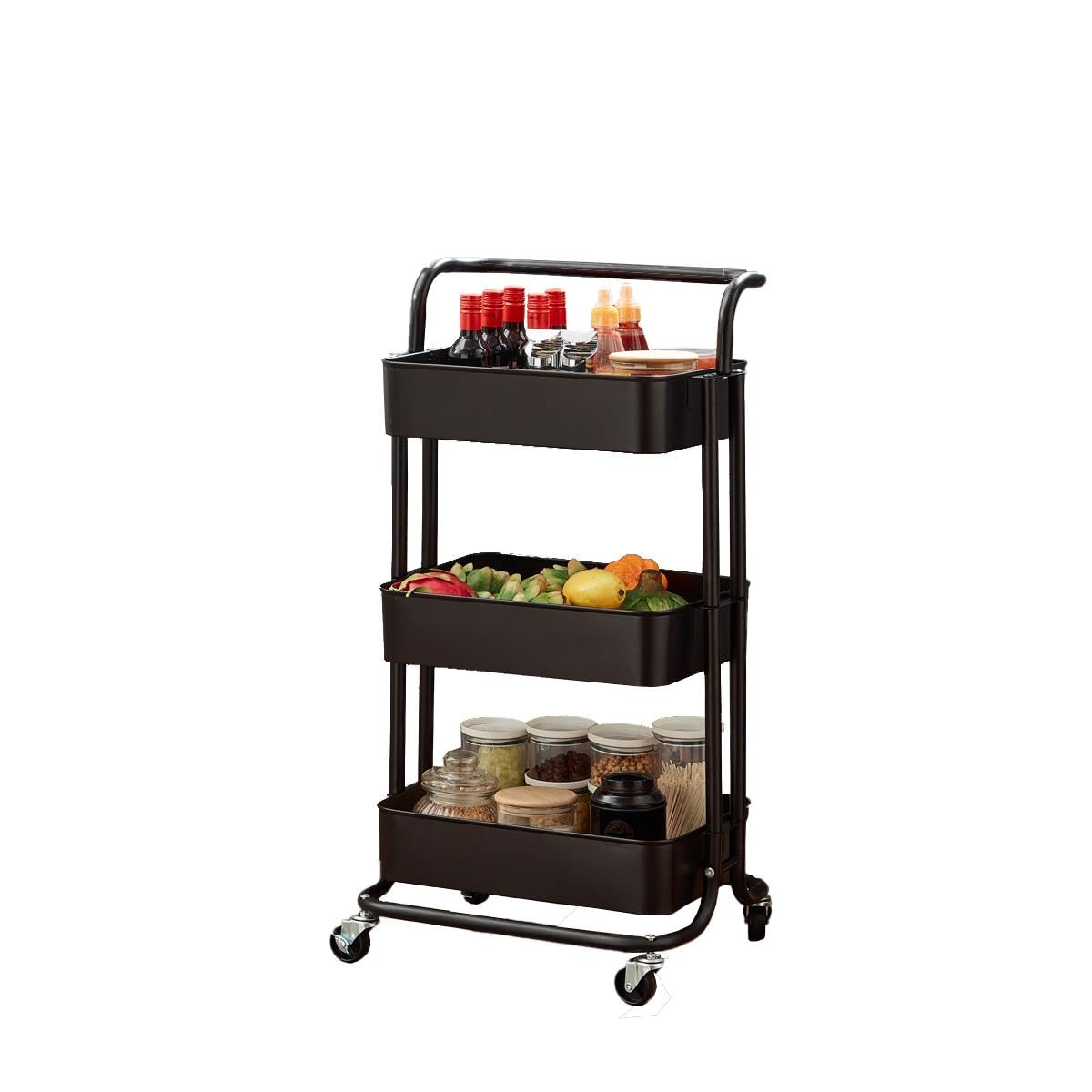 Direct Online Houseware 3-Tier Utility Cart Metal Rolling Trolley with Shelves Organizer 90 x 40 x 35 cm (Black)