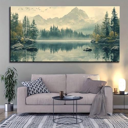 Affiche décorative montagne enneigée forêt lac peinture toile 70x140cm
