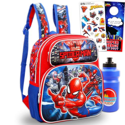 Marvel Spiderman Mini Backpack for Kids - Bundle with 12 School Bag Plus Stickers, Water Bottle, More | Spiderman Backpack Small for Boys