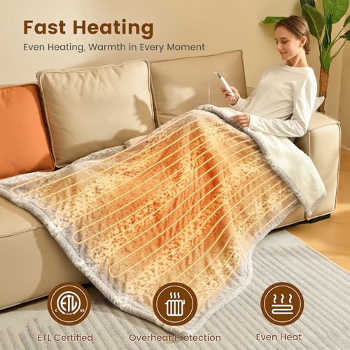 Image of Bearhug Electric Heated Throw Blanket 50 inch x 60 inch, Reversible Faux Fur & Sherpa, 6 Heating Levels & 4H Auto Off, Over-Heat Protect, ETL Certification, Machine Washable